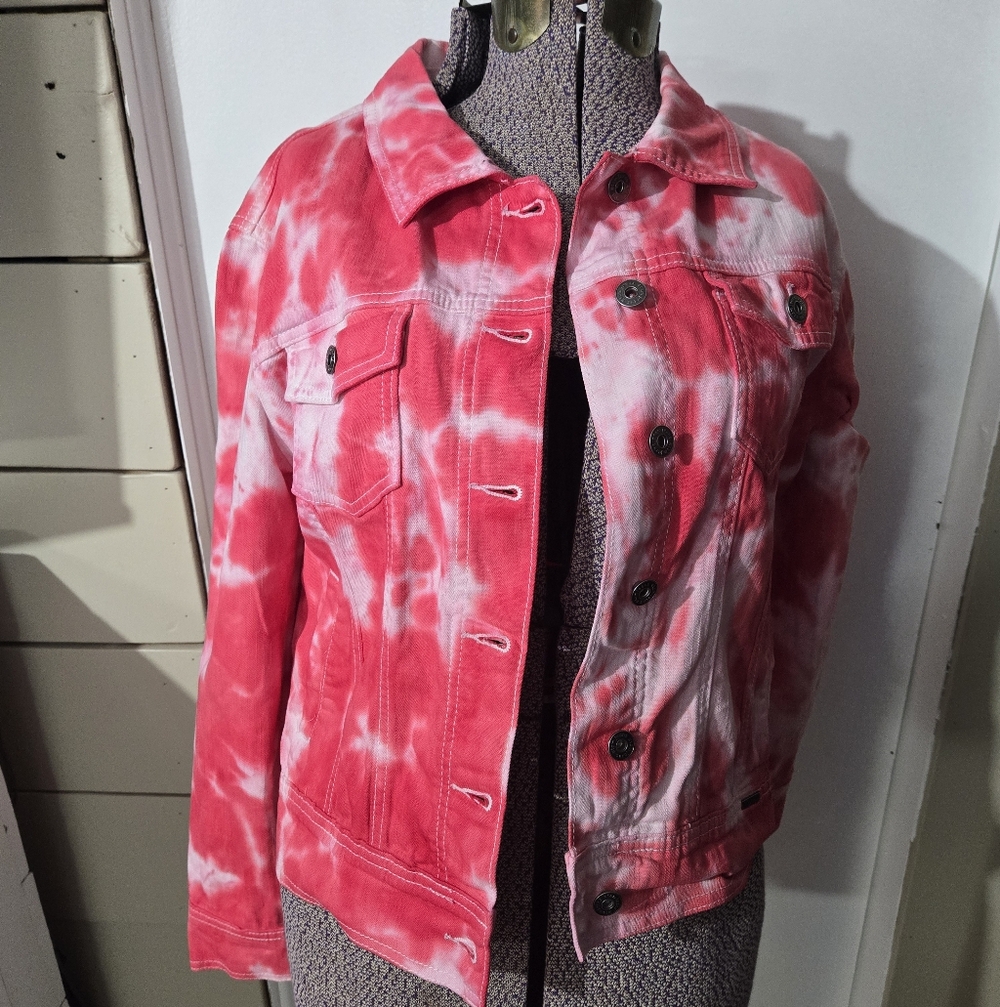 Women's Azur Tie-Dye Red White Denim Jacket Button Down Size Medium